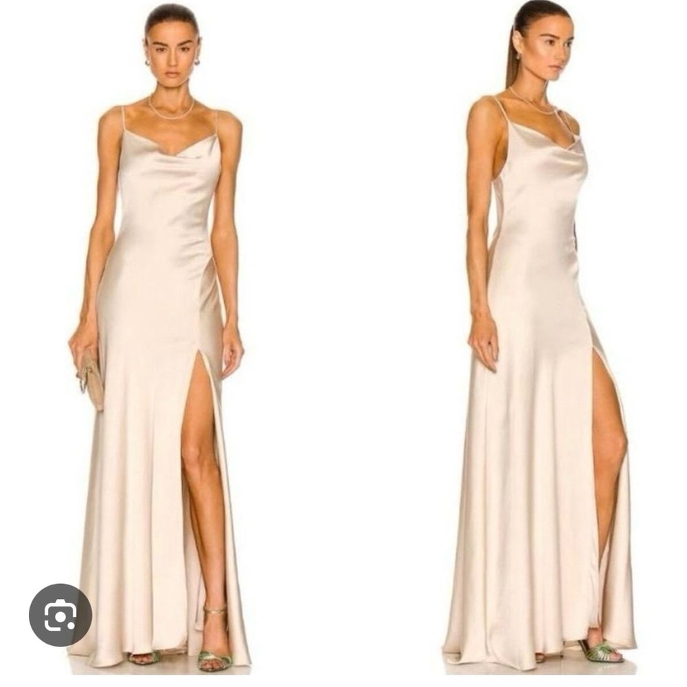 Jonathan Simkhai Size 4 Finley Draped Satin Gown Cowl Neck Slit Champagne Beige